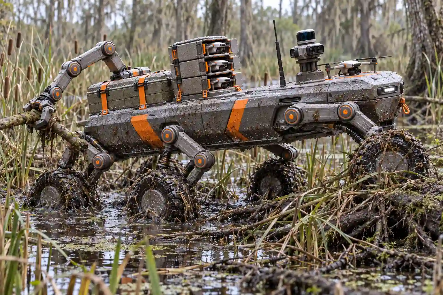 Concept illustration of the URR rover using articulated wheel-legs on muddy terrain